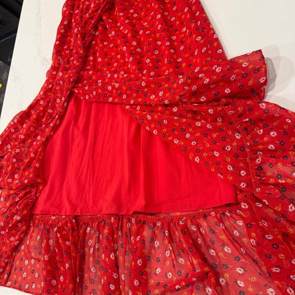 Madewell Ruffle Strap Wrap Dress Women's 4 Metallic Striped Prairie Posies Red - Picture 4 of 8